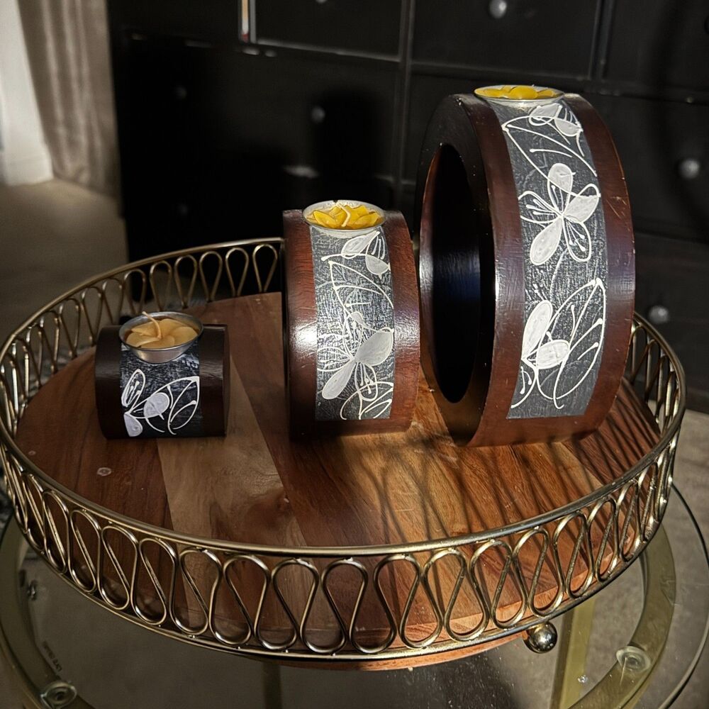 3 decorative wood votive candle holder bohemian, stackable